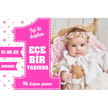 Pembe Bir Yaş ile Yıldızlar Temalı Doğum Günü Afiş