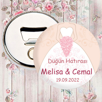 Pembe Buketli Çizgisel Gelinlik Temalı Magnet Açacak