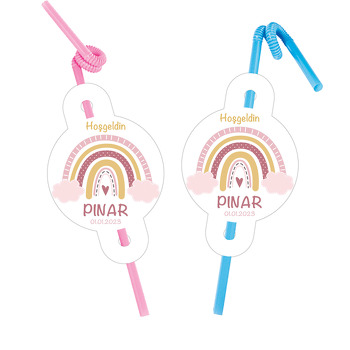 Pembe Bulutlu Gökkuşağı Temalı Pipet ve Kartı