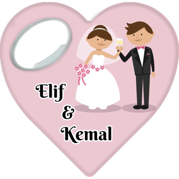 Pembe Çiçek Kemerli Gelin ile Damat Temalı Kalp Şekilli Magnet Açacak