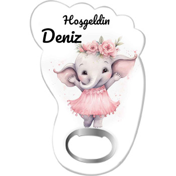 Pembe Çiçek Taçlı Fil Temalı Ayak İzi Magnet Açacak