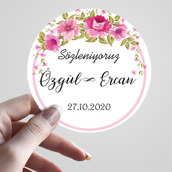 Pembe Çiçek Temalı Söz Nişan Nikah Sticker