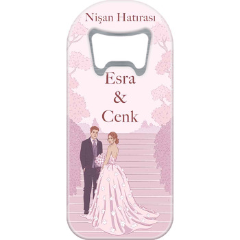 Pembe Çiçekler ile Gelin Damat Temalı Uzun Magnet Açacak