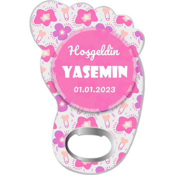 Pembe Çiçekler ile Kalpli Bebek İğnesi Temalı Ayak İzi Magnet Açacak