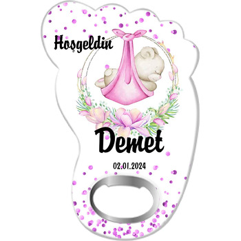 Pembe Çiçeklerle Ayıcık Temalı Ayak İzi Magnet Açacak