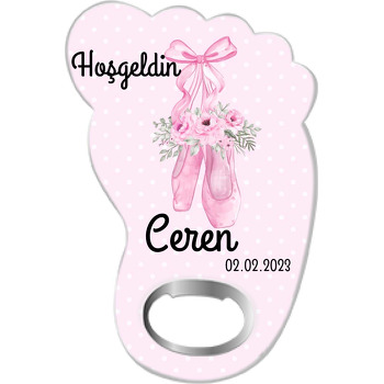 Pembe Çiçekli Balerin Ayakkabısı Puantiye Fon Temalı Ayak İzi Magnet Açacak