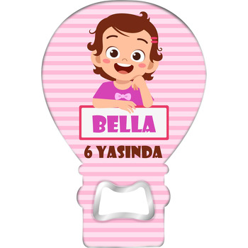 Pembe Çizgili Fonda Mor Tshirtlü Kız Çocuğu Temalı Balon Magnet Açacak