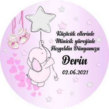 Pembe Fil ile Yıldız Balon Temalı Akrilik Daire Magnet