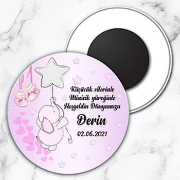 Pembe Fil ile Yıldız Balon Temalı Daire Plastik Magnet