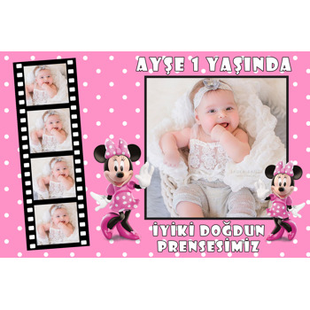 Pembe Fırfırlı Elbiseli Minnie Mouse Film Şeridi Temalı Doğum Günü Afiş