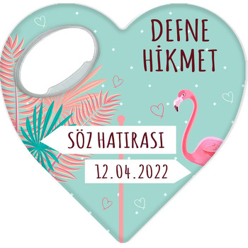 Pembe Flamingo ile Yeşil Puantiye Fon Temalı Kalp Şekilli Magnet Açacak