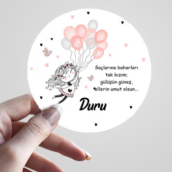 Pembe Gri Balonlu Sevimli Kız Temalı Sticker