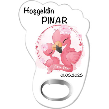 Pembe Güllü Flamingo Anne Kız Temalı Ayak İzi Magnet Açacak