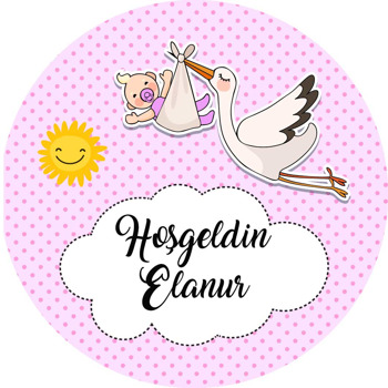 Pembe Hoşgeldin Bebek ile Leylek Havada Temalı Akrilik Daire Magnet