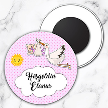 Pembe Hoşgeldin Bebek ile Leylek Havada Temalı Daire Plastik Magnet