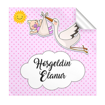 Pembe Hoşgeldin Bebek ile Leylek Havada Temalı Kare Etiket