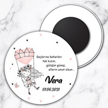 Pembe Kalp Balon ile Salıncakta Kız Temalı Daire Plastik Magnet