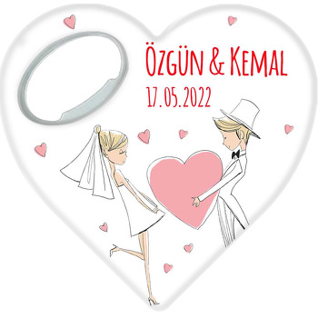 Pembe Kalpli Gelin Damat Temalı Kalp Şekilli Magnet Açacak