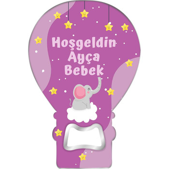 Pembe Kulaklı Fil ile Mor Fon Temalı Balon Magnet Açacak