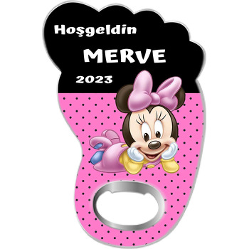 Pembe Kurdeleli Minnie Mouse ile Siyah Yarım Fon Temalı Ayak İzi Magnet Açacak