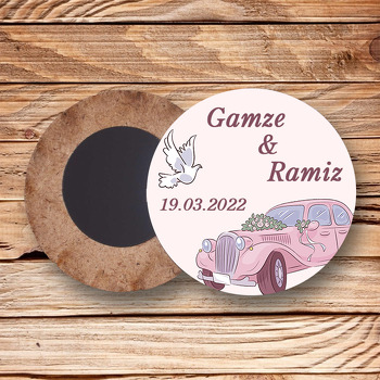 Pembe Limuzin ile Güvercin Temalı Daire Ahşap Magnet