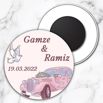 Pembe Limuzin ile Güvercin Temalı Daire Plastik Magnet