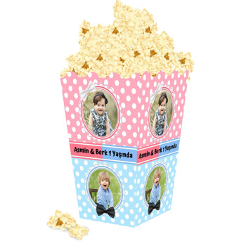 Pembe Mavi Puantiyeli Fon ile İkiz Temalı Popcorn Kutusu