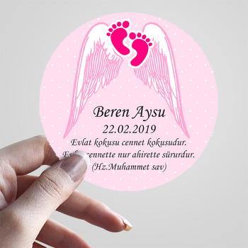 Pembe Melek Kanadı ve Bebek Ayağı Temalı Doğum Günü Sticker