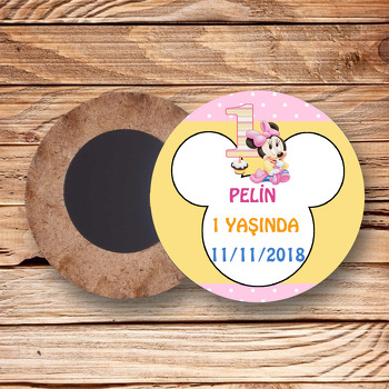 Pembe Mickey Temalı Ahşap Daire Magnet