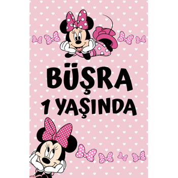 Pembe Minnie Mouse ile Kalpli Fon Temalı Doğum Günü Afiş