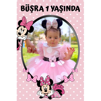 Pembe Minnie Mouse ile Kalpli Fon Temalı Doğum Günü Magnet