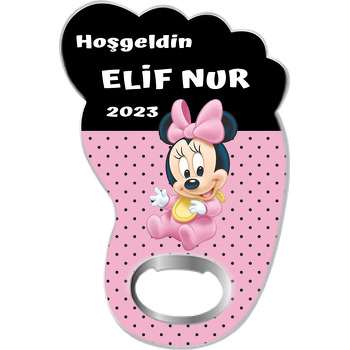 Pembe Minnie Mouse ile Siyah Yarım Fon Temalı Ayak İzi Magnet Açacak