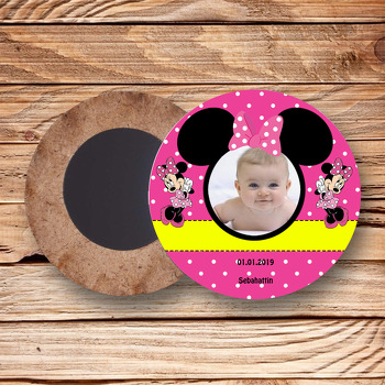 Pembe Minnie Mouse Temalı Resimli Ahşap Daire Magnet