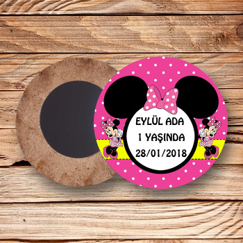 Pembe Minnie MouseTemalı Ahşap Daire Magnet