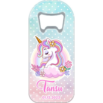 Pembe Papatyalı Unicorn ile Pembe Mavi Puantiye Fon Temalı Uzun Magnet Açacak