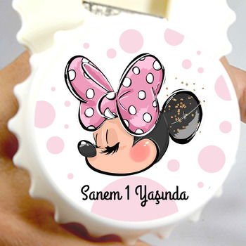 Pembe Puantiye ile Kurdeleli Minnie Portresi Temalı Kapak Şekilli Magnet Açacak