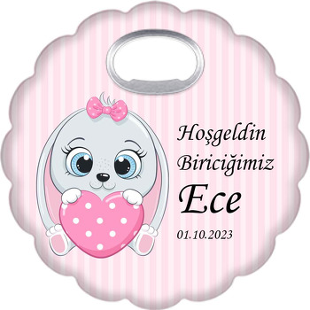 Pembe Puantiye Kalp ile Tavşan Temalı Çiçek Şekilli Magnet Açacak