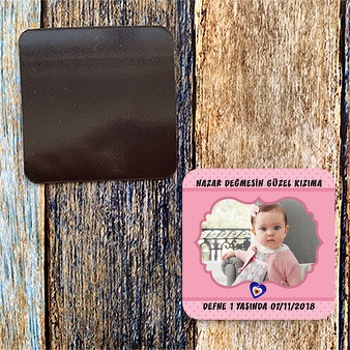 Pembe Puantiyeli Nazar Boncuk Temalı Kare Magnet Temalı Doğum Günü Magnet