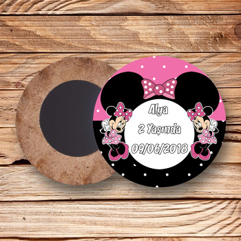 Pembe Siyah Minnie Mouse Temalı Ahşap Daire Magnet