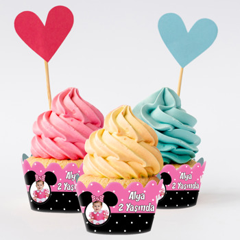 Pembe Siyah Minnie Mouse Temalı Cupcake Sargısı