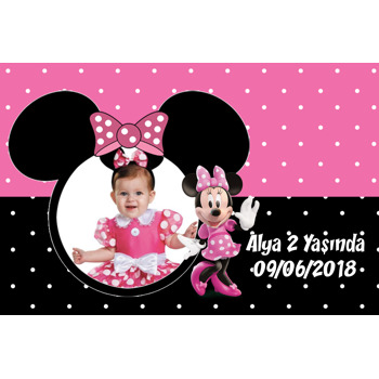 Pembe Siyah Minnie Mouse Temalı Doğum Günü Plastik Magnet