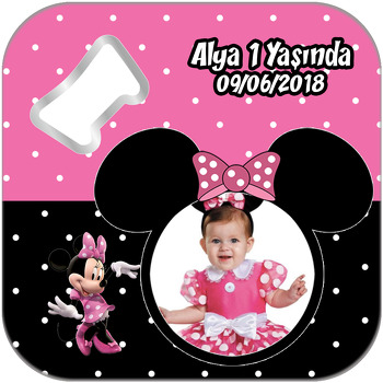 Pembe Siyah Minnie Mouse Temalı Kare Magnet Açacak