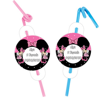 Pembe Siyah Minnie Mouse Temalı Pipet ve Kartı