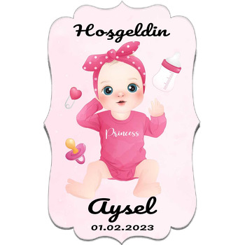 Pembe Tshirtlü Kız Bebek ile Eşyaları Temalı Özel Kesim Magnet