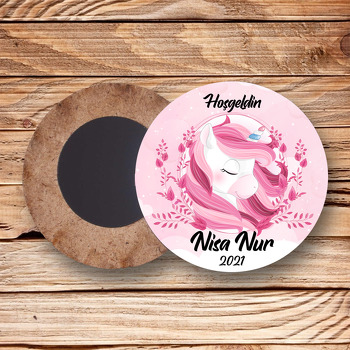 Pembe Unicorn ile Bahar Dalları Temalı Daire Ahşap Magnet