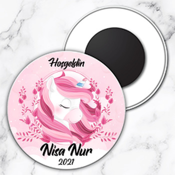 Pembe Unicorn ile Bahar Dalları Temalı Daire Plastik Magnet