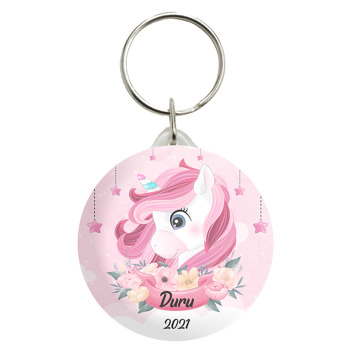 Pembe Unicorn ile Çiçekli Flama Temalı Anahtarlık