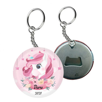 Pembe Unicorn ile Çiçekli Flama Temalı Arkası Açacak Anahtarlık