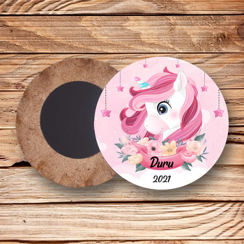 Pembe Unicorn ile Çiçekli Flama Temalı Daire Ahşap Magnet