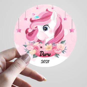 Pembe Unicorn ile Çiçekli Flama Temalı Sticker